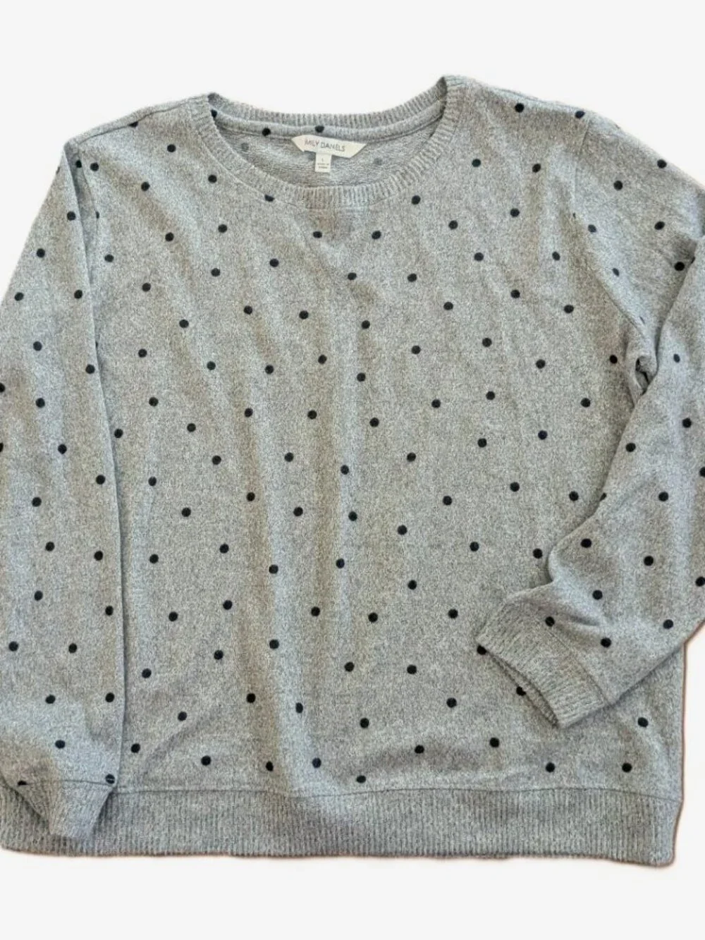 Emily Daniels Whimsical Twee Retro Chic Gray & Black Polk Butter Soft Sweater LG